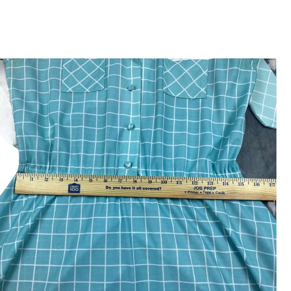 VTG 70s Sears ‘The‎ Shirtdress’ Baby Blue Checkered Plaid Long Sleeve Dress S-M - Picture 8 of 11